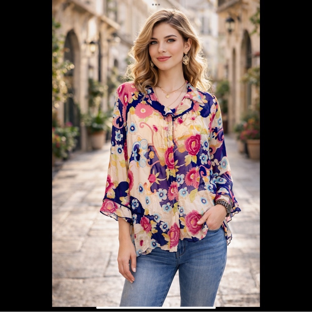 Agora Floral Beaded Ruffle Boho Blouse Snap Front Size 2X